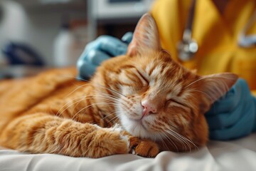 Veterinarian administers vaccine to elegant cat in modern white clinic, ensuring feline's well-being