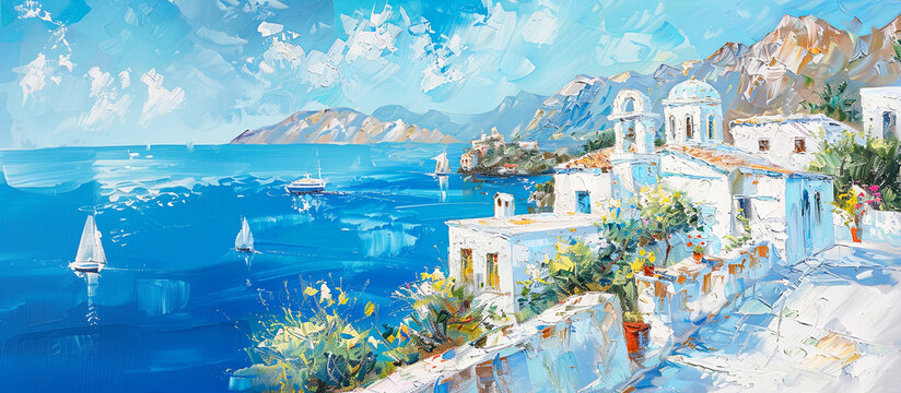 Oil painting of Greek rawn with white houses and plant . Summer landscape, banner
