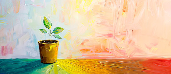 Minimalistic panorama with small seed on colorful background. Oil paint artwork.