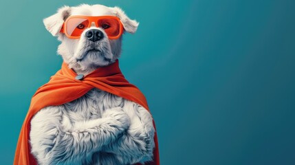 Dog in superhero costume with orange accessories on blue. - obrazy, fototapety, plakaty