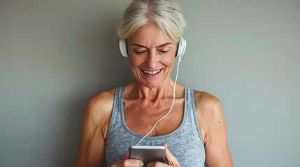 Joyous mature woman listening to music on headphones.