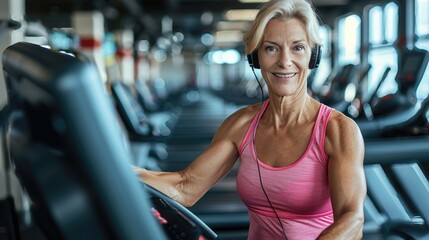 Obraz premium Fit senior woman with headphones using treadmill in the gym.