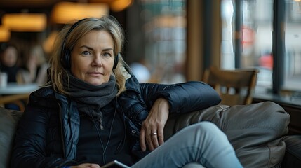Fototapeta premium Mature woman with headphones relaxing in cafe.