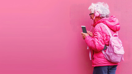 Senior woman with headphones and smartphone on pink background.