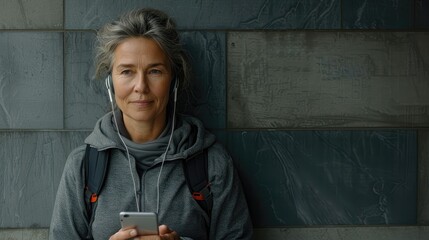 Mature woman in casual attire with headphones and a smartphone, urban backdrop. - Powered by Adobe