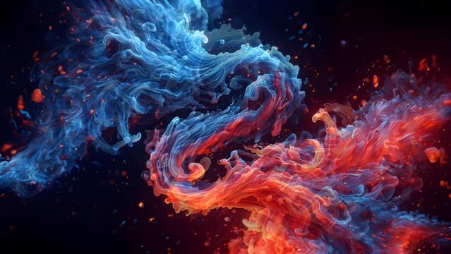 blue and red fire on clear black background. seamless looping 4K virtual video animation background