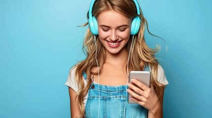 Naklejka premium Happy young woman enjoying music on headphones with phone.