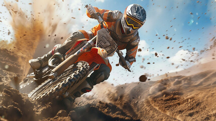The attractive portrait of a motocross rider crossing the race track was taken from a cool point of view. National motocross sport - obrazy, fototapety, plakaty