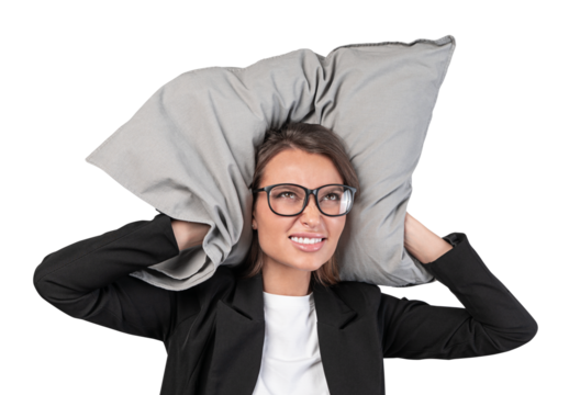 Smiling businesswoman in formal wear holding a pillow behind her head, isolated on white background. Stress relief concept
