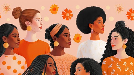 Illustration of diverse women with different hairstyles and clothing in orange hues.