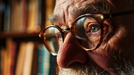 An old man with a beard and glasses is looking intently at something. He has a collection of books behind him.