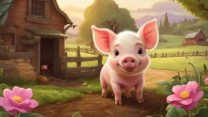 Fotobehang A Cartoon Piglet in a Cute Farming Scene. © Юлия Васильева