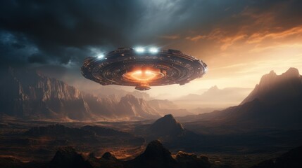 A flying saucer hovers over a mountain range with a dramatic sky.