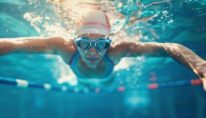 Professional Female swimming Athlete in action front angle view under and over water, aerobic swimmer, proudly represent and wearing the United States flag pattern on head covering and swim goggles - obrazy, fototapety, plakaty
