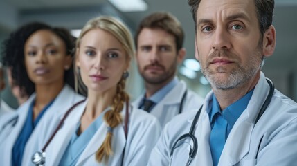 Fototapeta premium A group of doctors are standing in the hospital corridor. They are all wearing lab coats and carrying stethoscopes.