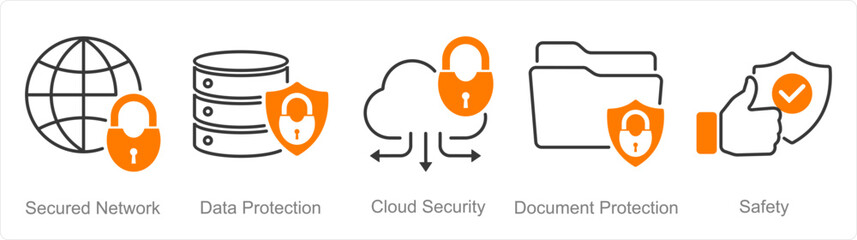 A set of 5 security icons as secured network, data protection, cloud security