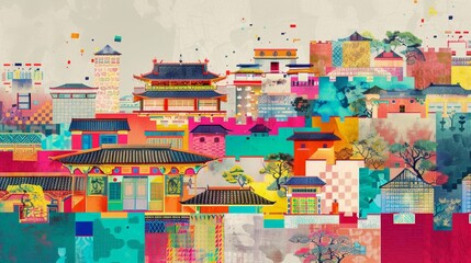 A detailed look at the vibrant colors and patterns of a traditional schools architecture set against the backdrop of a modern city symbolizing the coexistence of old and new