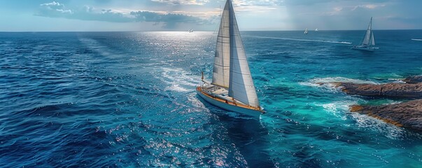 Idyllic yacht regatta with snow-white sails in the seas - obrazy, fototapety, plakaty