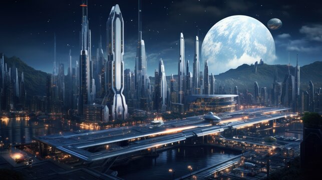 A futuristic city is shown, with a large moon in the sky. The city is lit up with bright lights and features a bridge that leads to a spaceport with spaceships.