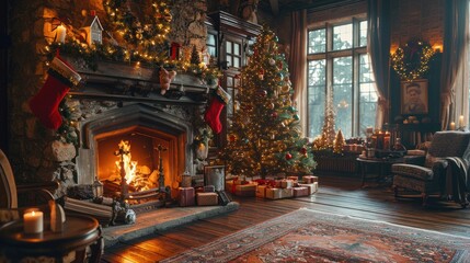 A cozy room with a fireplace, Christmas tree, and presents.