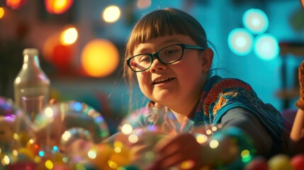 A young girl with glasses with Down syndrome sits at a table decorated with Christmas garlands. She looks happy.