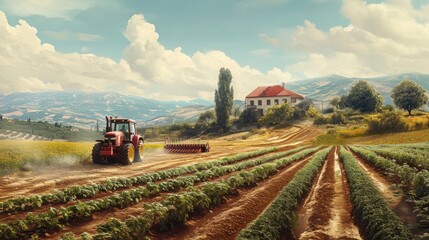 Fototapeta premium A tractor plows a field of crops in front of a large house on a hill. The sky is blue with fluffy white clouds.