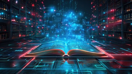 books with blue neon color technology backgrounds