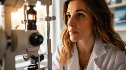 A female doctor in a lab coat looking through an eye test machine.