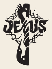 Jesus is my Way. Jesus loves you. Christian. Graphic inscription. Cross. Сrown of thorns