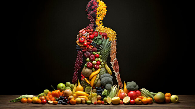 a human made up of fruits of various shapes, in the style of cut-out silhouettes, color splash, rustic still lifes, medicalcore, full body, solarizing master,