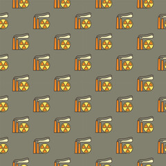 Nuclear Power Generator with Smoke Pipes vector Radiation colored seamless pattern
