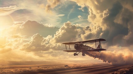 A small plane flies across a cloudy sky over arable land, leaving behind sprayed reagents. The sun sets, flooding the area with warm light. - Powered by Adobe