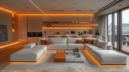 Modern Living Room with Orange Accent Lighting