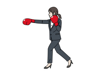 ボクシンググローブでパンチする女性会社員のイラスト