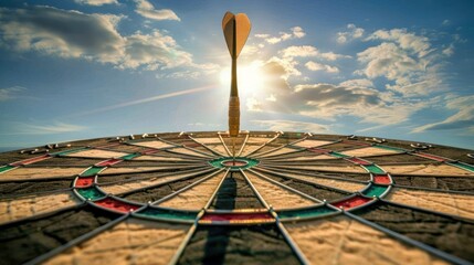 The dart arrow hit the center of the target on the dartboard with a blue sky background, in the style of business success and marketing goal concept.