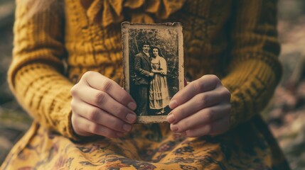 A woman in a yellow sweater holds an old photograph of a man and a woman. - obrazy, fototapety, plakaty