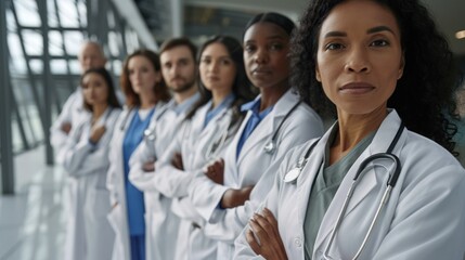 A motley group of doctors, all wearing lab coats and carrying stethoscopes, stand with their arms crossed. - obrazy, fototapety, plakaty