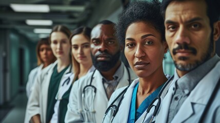 A diverse group of healthcare workers, including doctors and nurses, stand in white coats and holding stethoscopes.