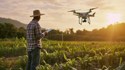 A farmer in a hat and flannel shirt flies a drone over a corn field using a digital tablet.