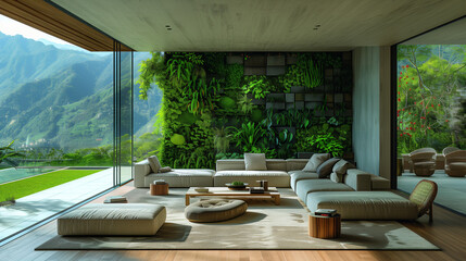 Modern Living Room with Vertical Garden and Mountain View