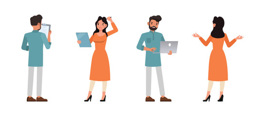Set of Indian man and woman character vector design. Businessman and businesswoman meeting and working in office. Presentation in various action on isolated white background.
