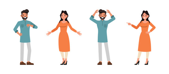 Set of Indian man and woman character vector design. Businessman and businesswoman posing anger and sadness. Presentation in various action on isolated white background.