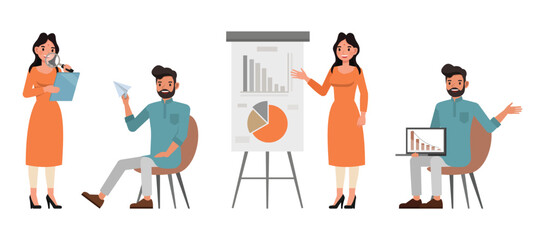 Set of Indian man and woman character vector design. Businessman and businesswoman presentation graph chart on board. Presentation in various action on isolated white background.