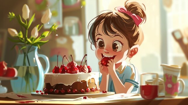 A cartoon girl with a bow in her hair eats a cherry from a cake. The cake is covered with cherries and placed on the dining table. In the background is a window.