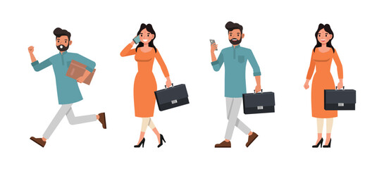 Set of Indian man and woman character vector design. Businessman and businesswoman walking and running. Presentation in various action on isolated white background.
