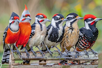 A Row of Diverse and Vibrant Woodpecker Perched in Harmony on a Single Branch, Showcasing the...