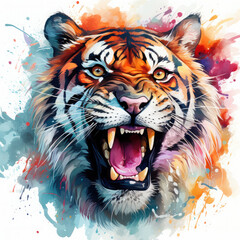 Naklejka premium Watercolor Roaring Tiger Illustration, Generative Ai