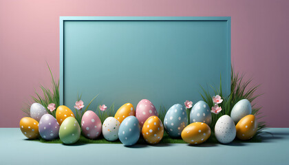 Fototapeta na wymiar Easter banner, Easter eggs with copyspace on a pink background in 3D style