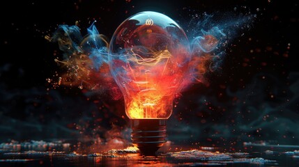 Creative light bulb explodes with colorful paint and splashes on a black background. Think differently creative idea concept 3d render