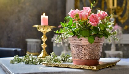 candles in a church, Wallpaper interior design. Sofa, framed picture, flowerpot, bedside table, lamp. Isolated on transparent background